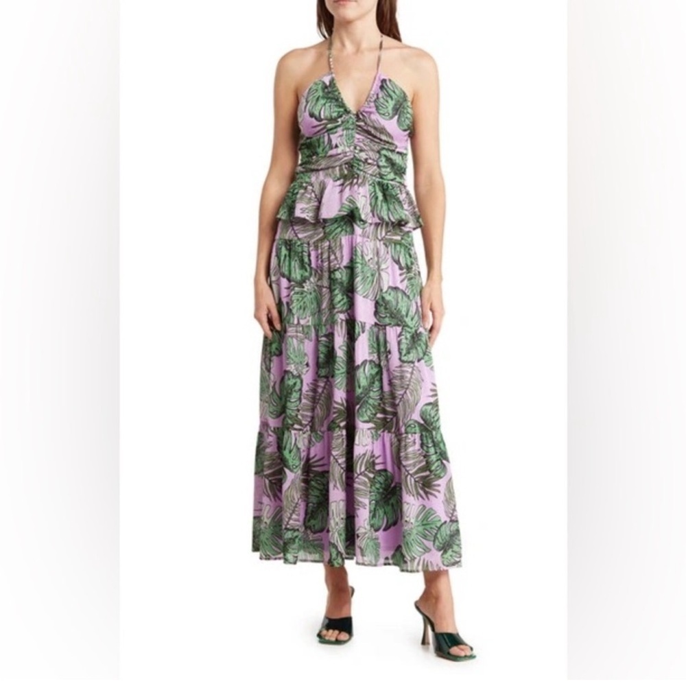 NSR Palm Print Ruffle Tiered Midi Dress NWT In Tropical Print S - Picture 2 of 11